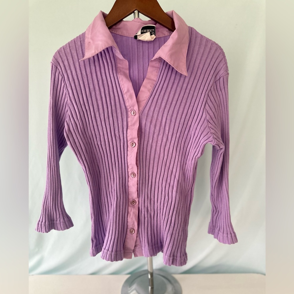 Fashion Bug Purple Ribbed Women's Knit Button Up Early 2000’s Top